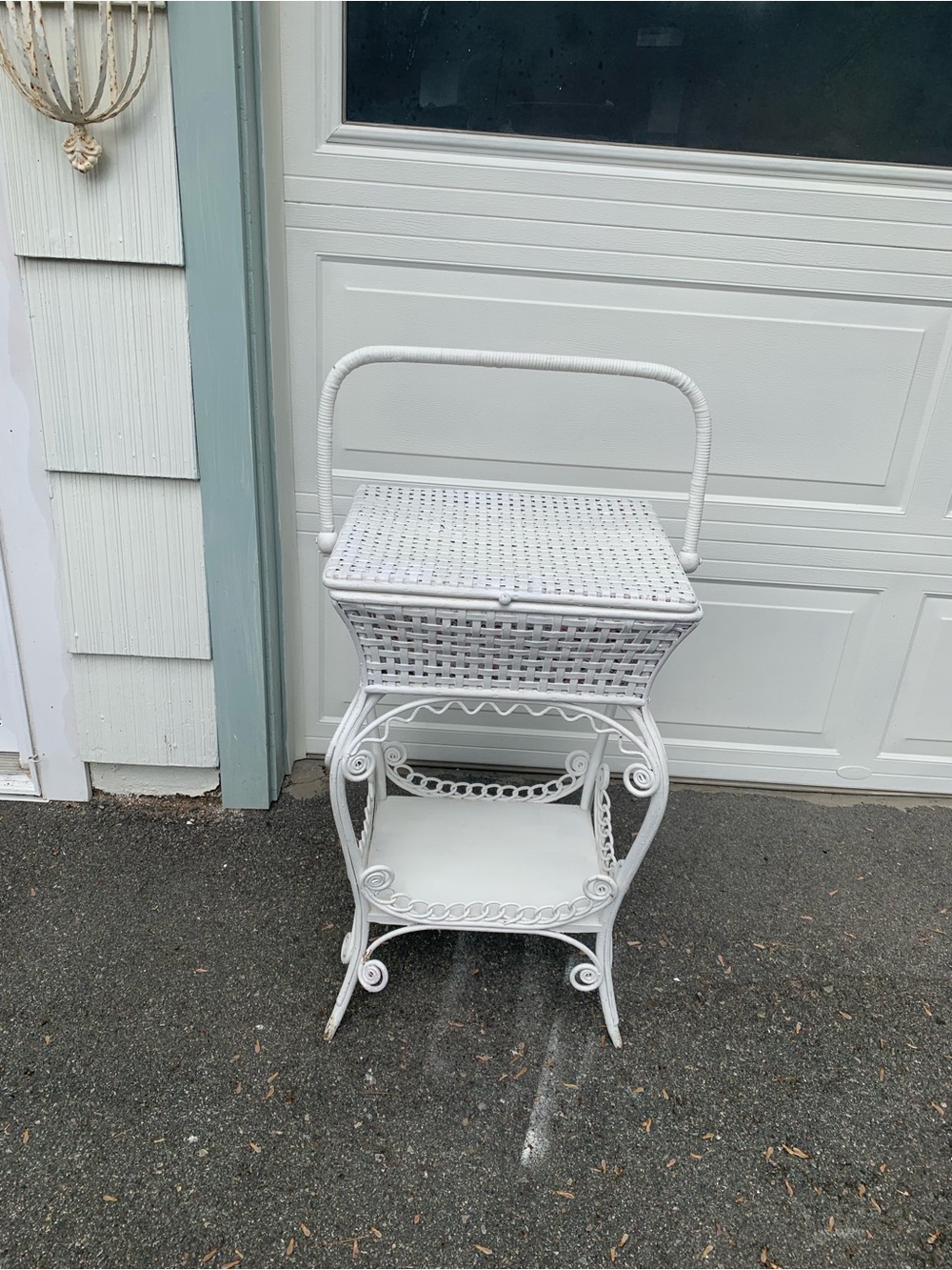 Vintage wicker sewing basket stand, featuring heart-shaped scrolled legs